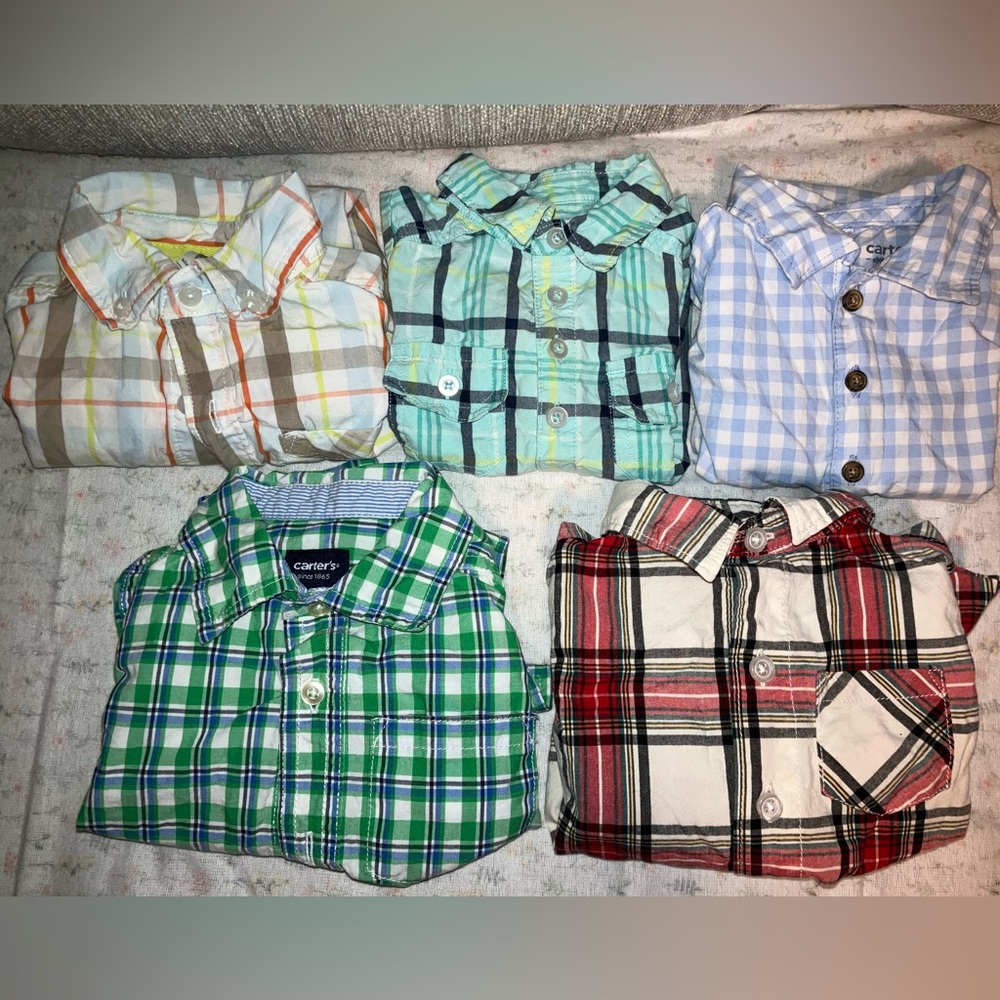 ❤️5pc Carters & WN Boys Plaid Button-Down Collared Shirts Bundle Lot 9-12 months